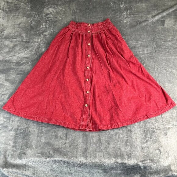Vintage Chaus Womens SZ 6 Midi Red Button Front Denim Skirt Western Cowgirl 90's - Picture 1 of 9